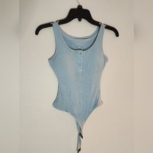 Klassy Network Henley Bramisuit–Light Blue Ribbed Button Bodysuit–Women’s Small